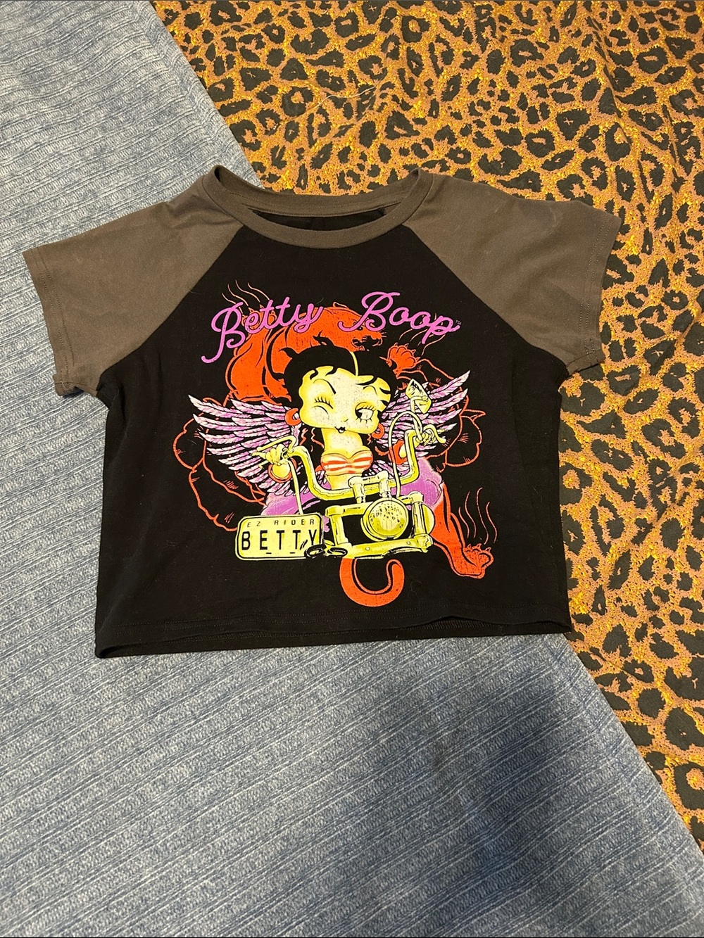 Betty Boop Black Crop Tee with Grey Raglan Sleeves
